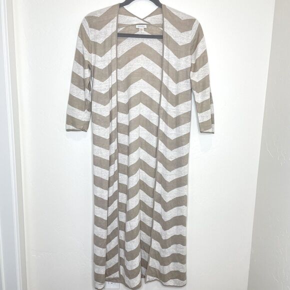 Garnet Hill Linen Duster Cardigan Womens Small Chevron Stripe Neutral Beige - Picture 1 of 7